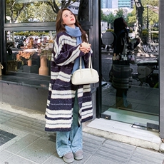慵懒风复古条纹毛呢外套女2025秋冬新款韩系宽松百搭中长款呢大衣，女装短外套，2B183
