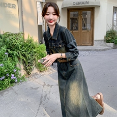 （）2026春装时尚复古色牛仔连衣裙（配腰带）1D060-175-268，女装连衣裙，1D060