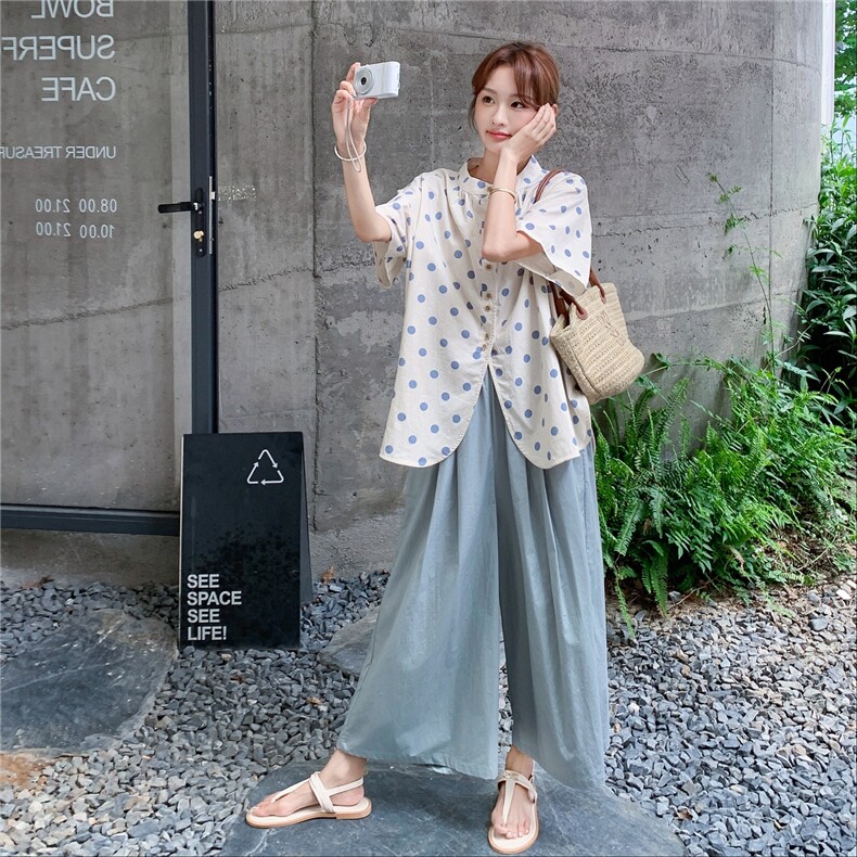 蓝色波点衬衫阔腿裤套装女夏2025新款日系两件套小个子流行超火图片