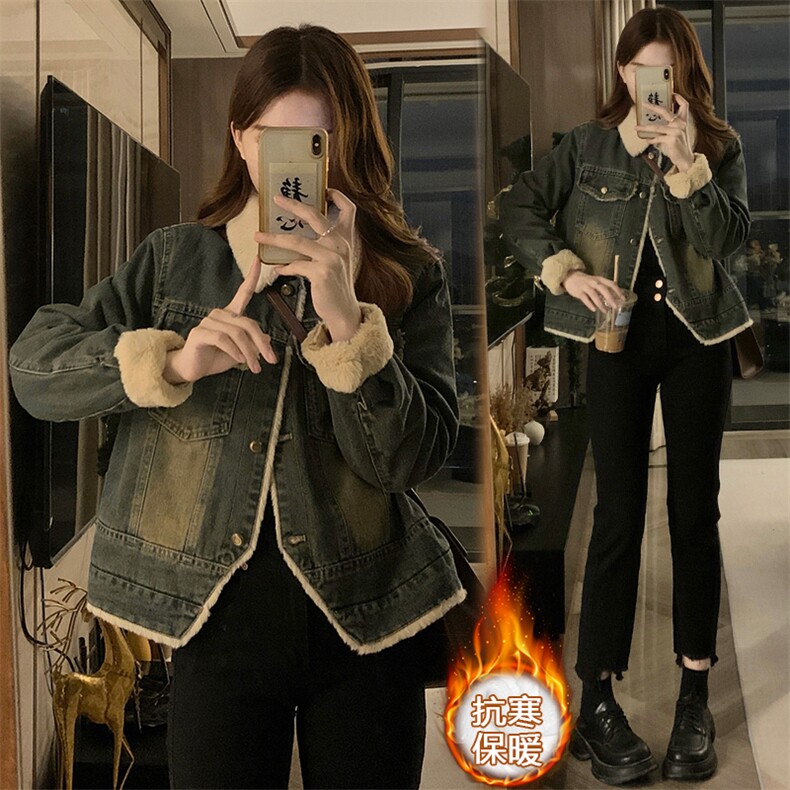 复古水貂毛牛仔外套女秋冬季宽松休闲毛茸茸加绒加厚棉服C638-98,男装工装外套,星座911-2(原星座613-2）