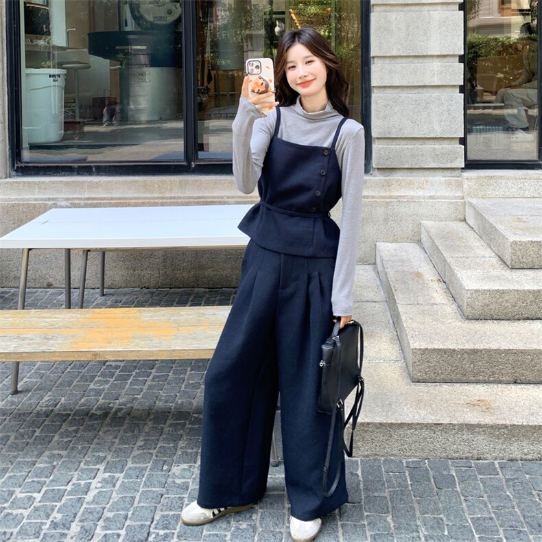 深蓝色单排扣收腰吊带套装女秋季2025年新款打底衣阔腿长裤三件套,女装套装/套裙,2C159