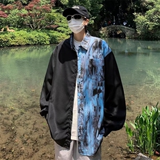 潮牌暗黑系扎染拼接长袖衬衫男网红高街宽松设计休闲撞色链条衬衣，男装衬衫，星座1013