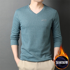 2023冬季男装衣服休闲纯色V领加绒加厚中年男士长袖T恤GR5963-P65，男装T恤，电商B212（原钱塘6029）
