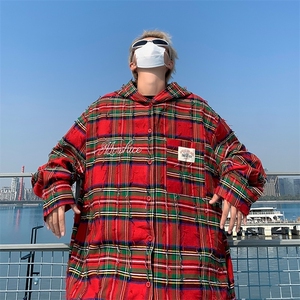复古红色格子衬衫男女秋季宽松做旧磨毛连帽长袖衬衫外套C36/P55图片