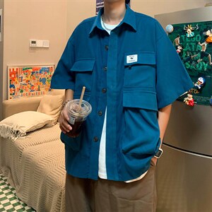 新款韩版宽松潮流工装衬衫夏季港风百搭休闲衬衣外套男W3387-P42图片