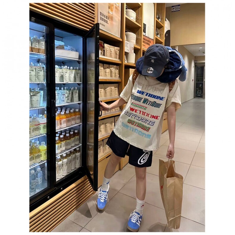 抖音得物供货210克宽松纯棉美式潮牌印花宽松落肩袖纯棉T恤AT2104图片