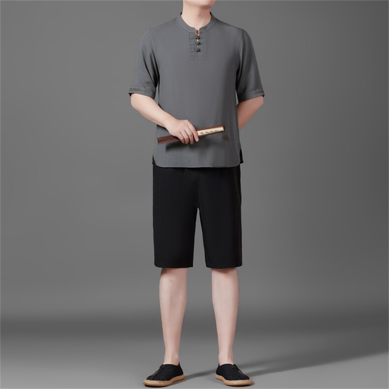 男款夏季五分裤中年棉麻中式亚麻爸爸套装，男装牛仔裤，钱塘6003B