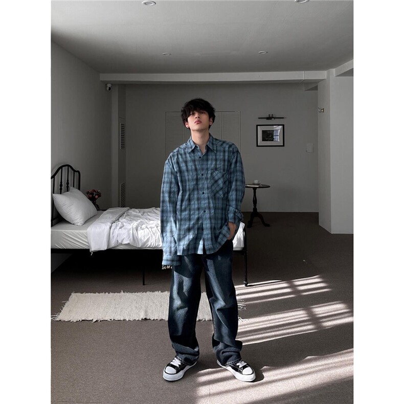 美式格子衬衫男潮牌宽松慵懒风设计长袖衬衣2025新款痞帅撞色外套,男装衬衫,星座1210-1