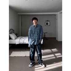 美式格子衬衫男潮牌宽松慵懒风设计长袖衬衣2025新款痞帅撞色外套，男装衬衫，星座1210-1