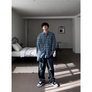美式格子衬衫男潮牌宽松慵懒风设计长袖衬衣2025新款痞帅撞色外套图片