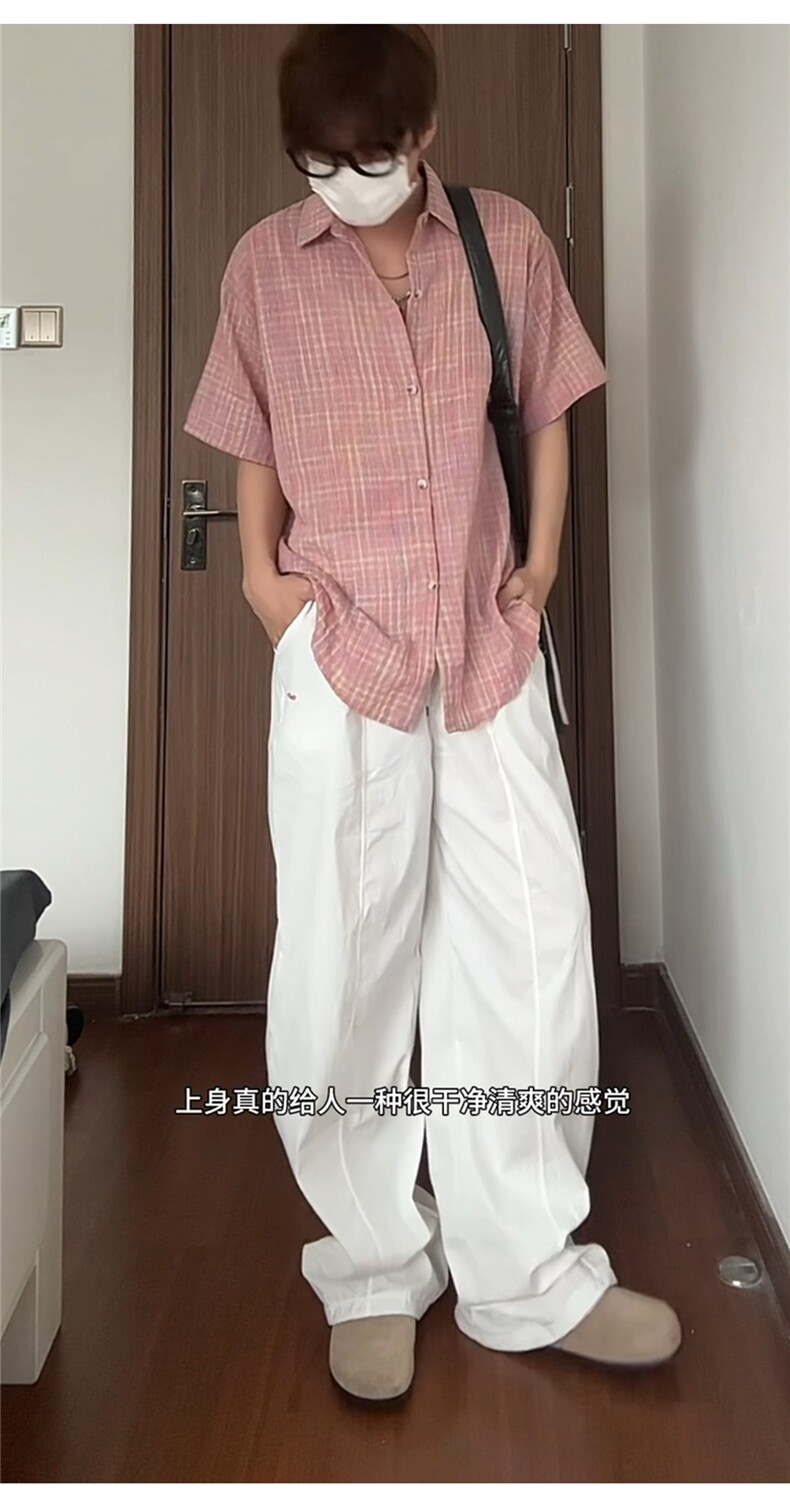 现货CS21-特P32夏季薄款男女宽松格子短袖衬衫半袖寸衣外套,男装T恤,电商B327
