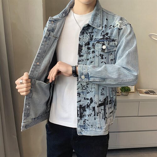 JK823-p90-限价138 现货店主风牛仔夹克肥仔量足破洞印花大码图片