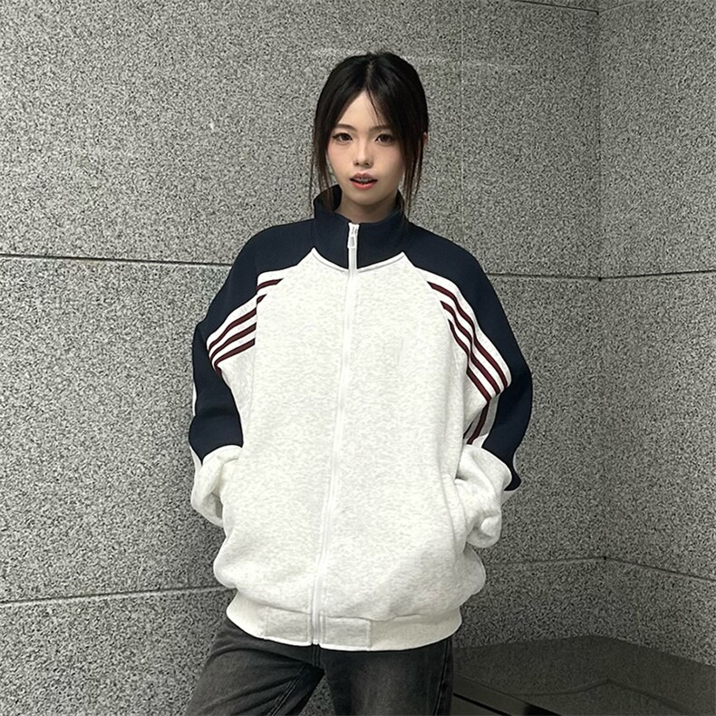 抖音得物高品质26春装美式高街重磅织带拼接撞色立领卫衣外套CM41,女装短外套,电商A486-1