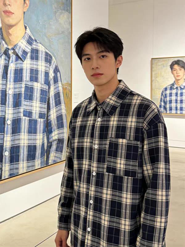 春季格子长袖衬衫男女新款休闲上衣宽松ins复古衬衣L25055-P33,男装衬衫,星座1008