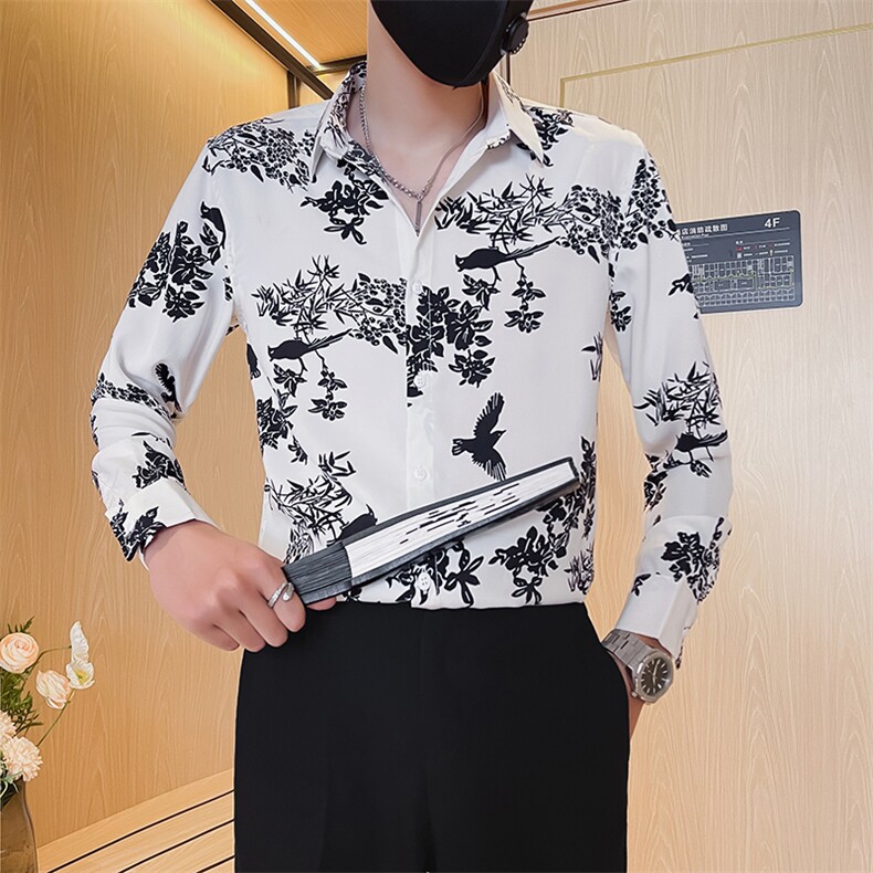 301A-1/H513/P58 秋季新款男士长袖印花衬衫男痞帅修身花衬衣图片