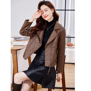 咖色菱形格皮衣外套女2022年秋冬新款欧洲站加绒加厚西装领PU夹克图片