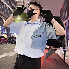 S81/P48控68夏季社会小伙设计感拼接牛仔短袖衬衫男浅蓝首1，男装衬衫，星座305B
