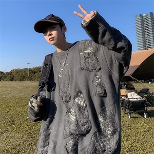 假两件破洞毛衣男秋冬oversize潮牌美式高街情侣针织衫M9221-p58图片
