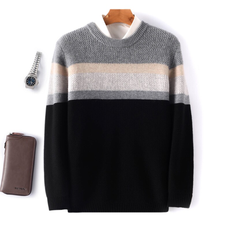 2024年秋冬季澳洲羊毛商务休闲拼色条纹羊毛衫，男装羊毛衫，忠诺羊绒