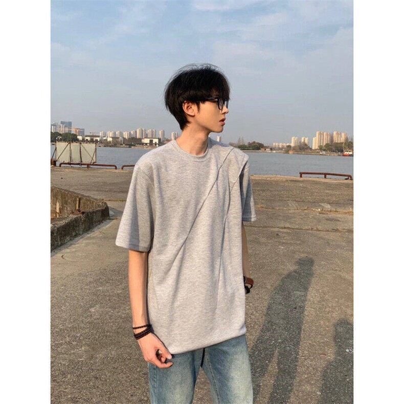 cleanfit斜褶短袖男夏季解构拼接五分半袖美式情侣t恤L66177-P33,男装T恤,星座1008