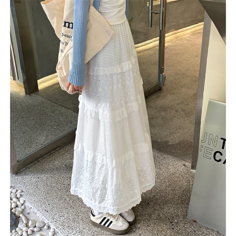 白色半身裙女高腰a字裙蛋糕裙温柔风长裙设计感钩花裙子,女装半身裙,梦白服饰厂