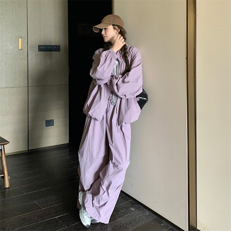 今年流行紫色冲锋衣外套女早秋2025新款百搭休闲风显瘦工装裤套装,女装套装/套裙,纯色衣恋