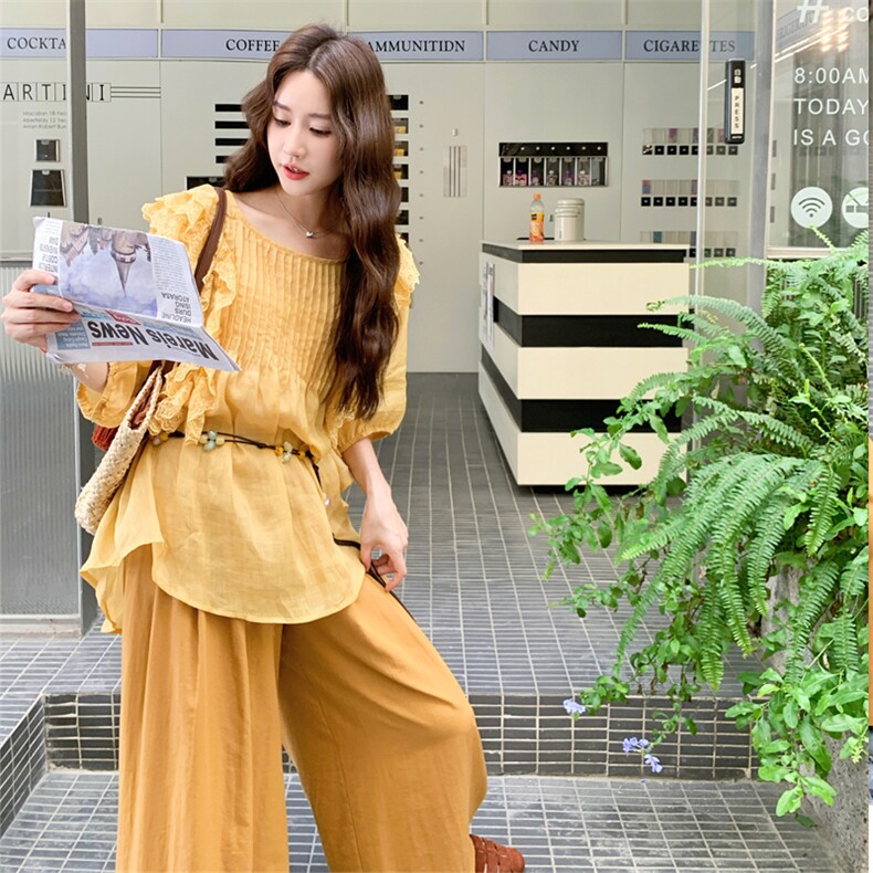 黄色高级感休闲套装女2025夏季新款法式复古娃娃衫阔腿裤两件套,女装套装/套裙,2C158