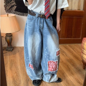 美式复古格子拼接直筒牛仔裤男款潮牌街头宽松高级感水洗阔腿长裤图片