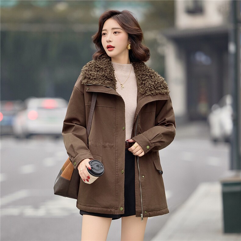 咖色羊羔毛翻领加绒派克服女2025冬季中长款加厚保暖收腰棉服外套,女装短外套,E百度