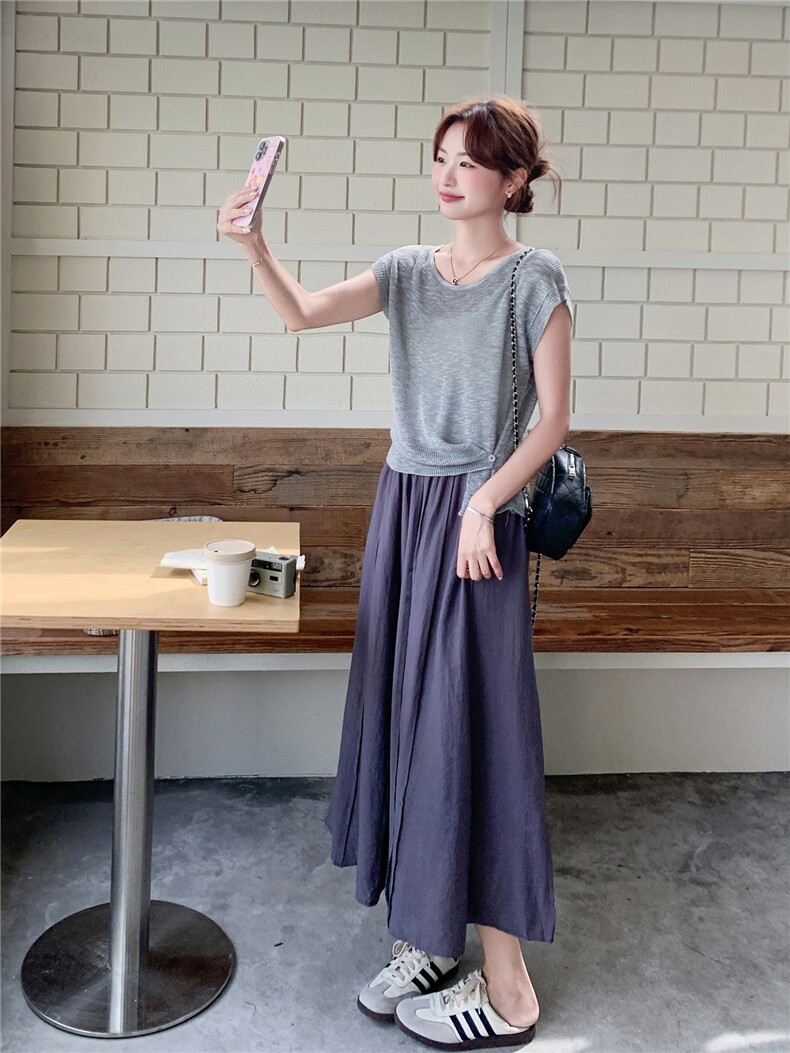 时尚休闲套装女夏季新款简约百搭显瘦针织小衫裙子两件套,女装套装/套裙,诺蝶
