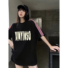 抖音得物品质二开240克宽松纯棉美式潮牌印花三条杠中性风短袖T恤，男装T恤，电商A486-1