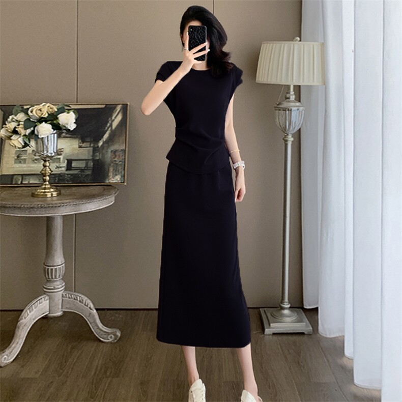 时尚气质套装裙女夏季2025新款小飞袖正肩上衣休闲半身裙两件套潮,女装套装/套裙,江南