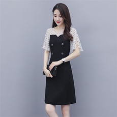 2020夏季时尚圆领显瘦拼接飘袖连衣裙小黑裙女装，女装连衣裙，岚衣(原川流布茜）