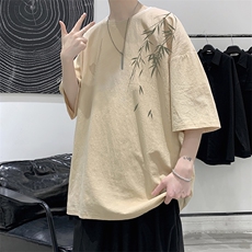 YT26382-P30亚麻短袖t恤男大码五分袖男宽松七分袖大皂风模特，男装T恤，电商A040