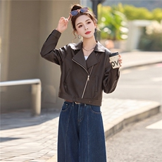 BAO现货休闲夹克翻领斜拉链外套2026春季新款设计感百搭夹克外套，女装皮衣，江南女神