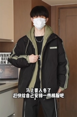 新款加厚拼色假两件连帽棉衣外套男大码保暖棉服M2915特P75控108，男装棉衣，电商A001