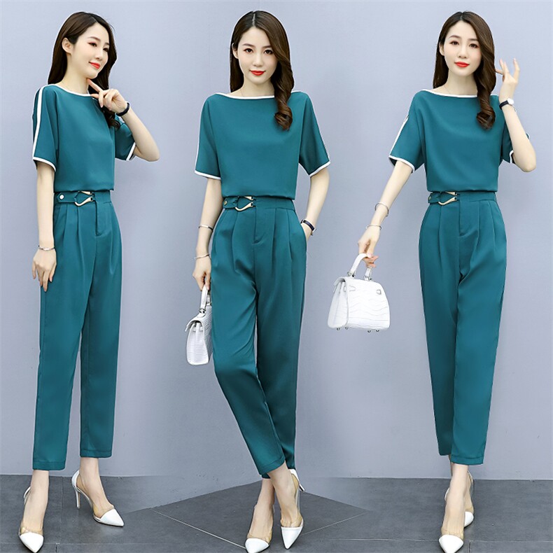 时尚减龄小脚裤套装女2021新款韩版套装修身夏装短袖两件套潮，女装职业装，丽美静依