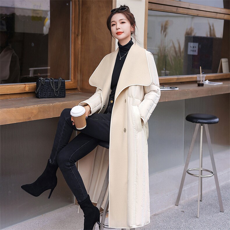 双面羊绒拼接羽绒服女中长款2023冬季新款时尚高端气质白鸭绒外套,女装羽绒服,雅静靓衣