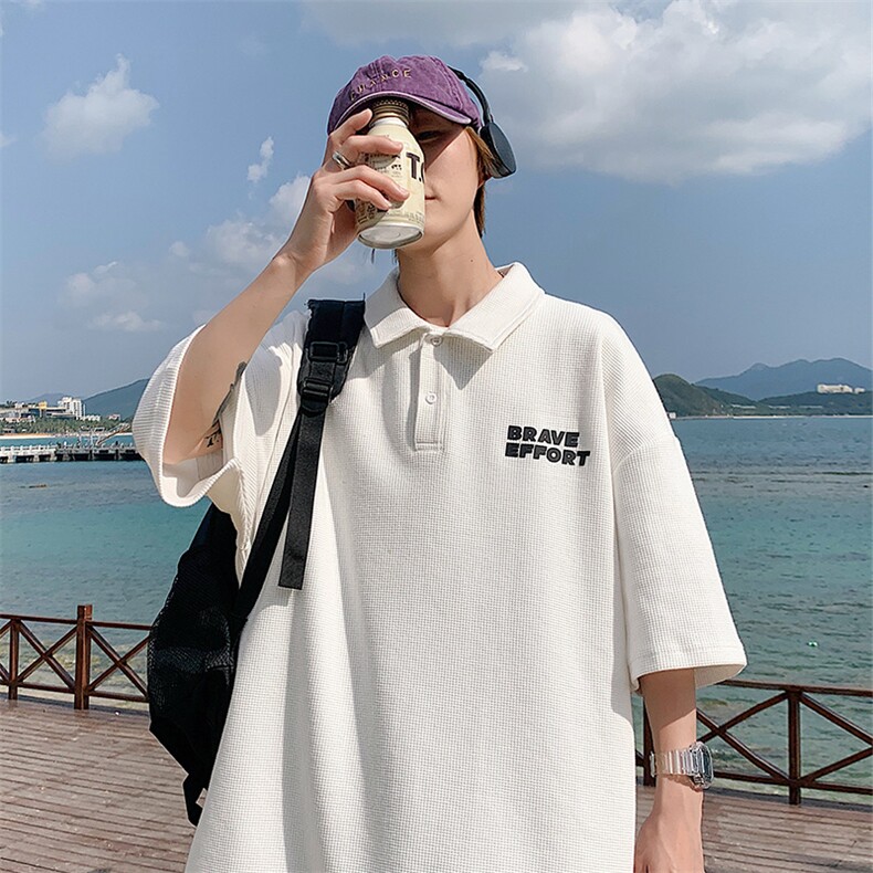男女同款港风夏装字母印花华夫格短袖T恤宽松翻领POLO衫1500-P45，男装Polo衫，电商A441-1