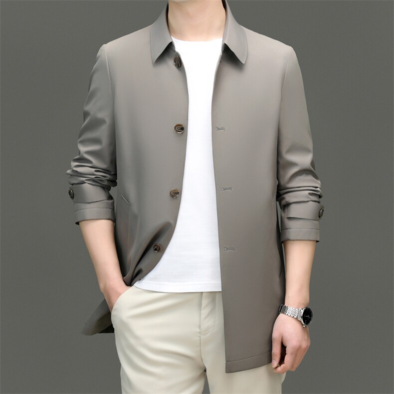 D601春秋新款男士中长款风衣翻领外套简约通勤商务男装，男装风衣，电商B360