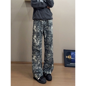 B221 美式ins高街暗黑宽松直筒印花牛仔裤LK25439-特P45控78图片