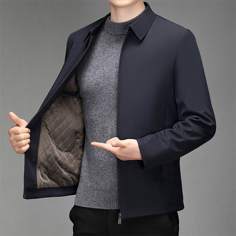 秋冬款纯色棉服夹克中老年装风衣宽松休闲商务翻领上衣爸爸男外套，男装夹克，钱塘6003（原4033）