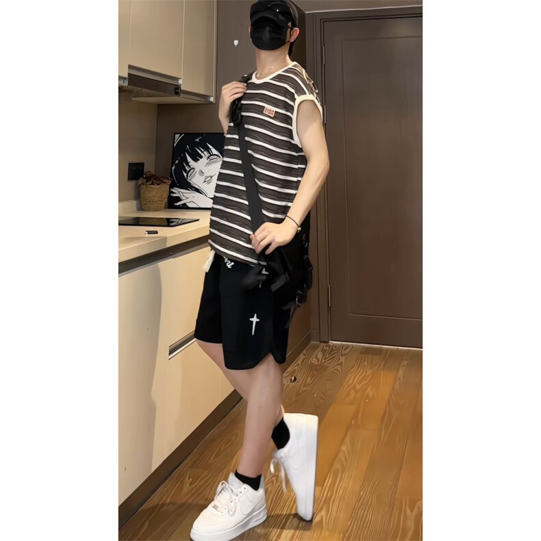 重工洗水撞色条纹毛边背心无袖T恤XB2333-P35控58,男装背心/马甲,电商B370