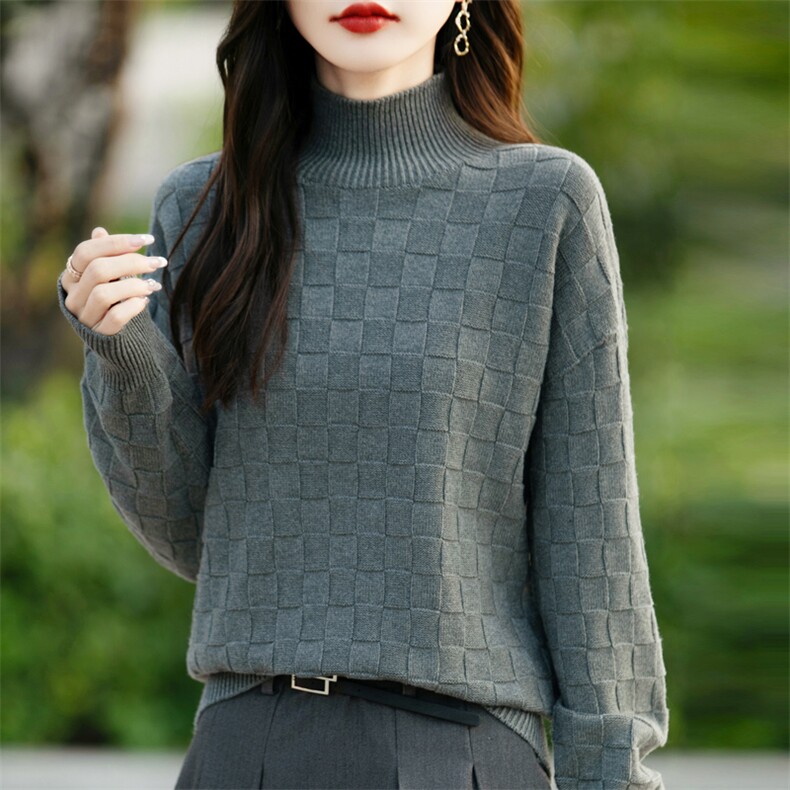 肌理感纯棉针织半高领打底衫女提花加厚保暖宽松显瘦立体格纹毛衣，女装针织衫/毛衣，彩羽羊绒