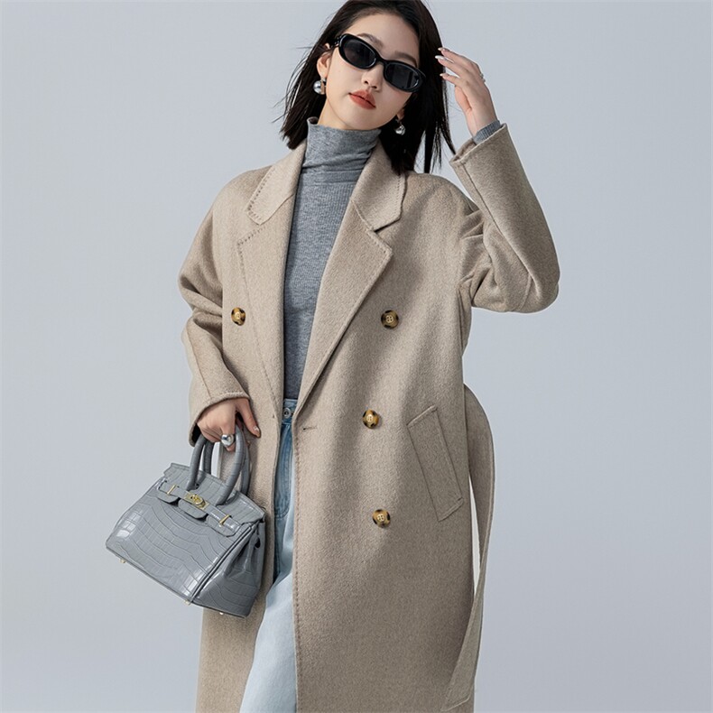 M同款801高端大牌水波纹双面羊绒大衣女中长款经典焦糖色毛呢外套，女装双面呢大衣，荣图大衣