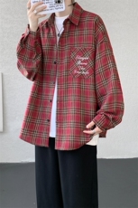 衬衫男春季新款港风宽松大码刺绣格子衬衣CS121-P35，男装衬衫，星座214-3