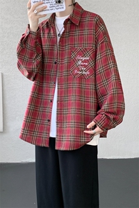 衬衫男春季新款港风宽松大码刺绣格子衬衣CS121-P35图片