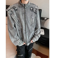美式做旧重工牛仔外套男款潮流设计感小众街头机车夹克W6417-P74，男装夹克，星座412-3