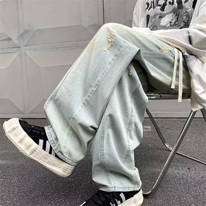 美式高街破洞牛仔裤男秋款潮牌复古宽松阔腿欧美直筒裤N6096-P43图片