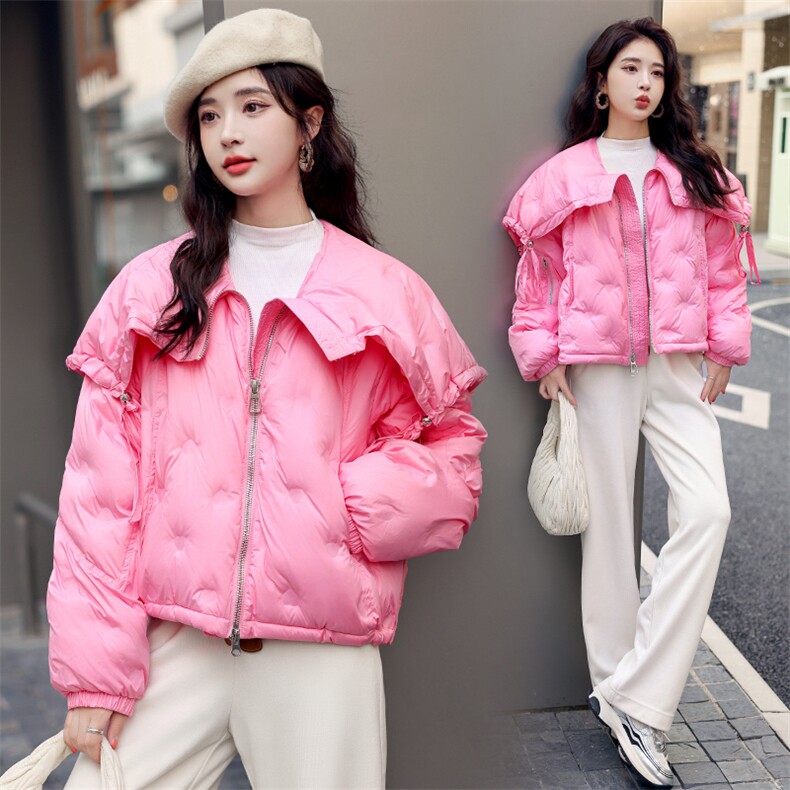 欧货圈圈压花大翻领轻薄羽绒服女2024冬季新款高级感保暖羽绒外套,女装羽绒服,韩蜜菓